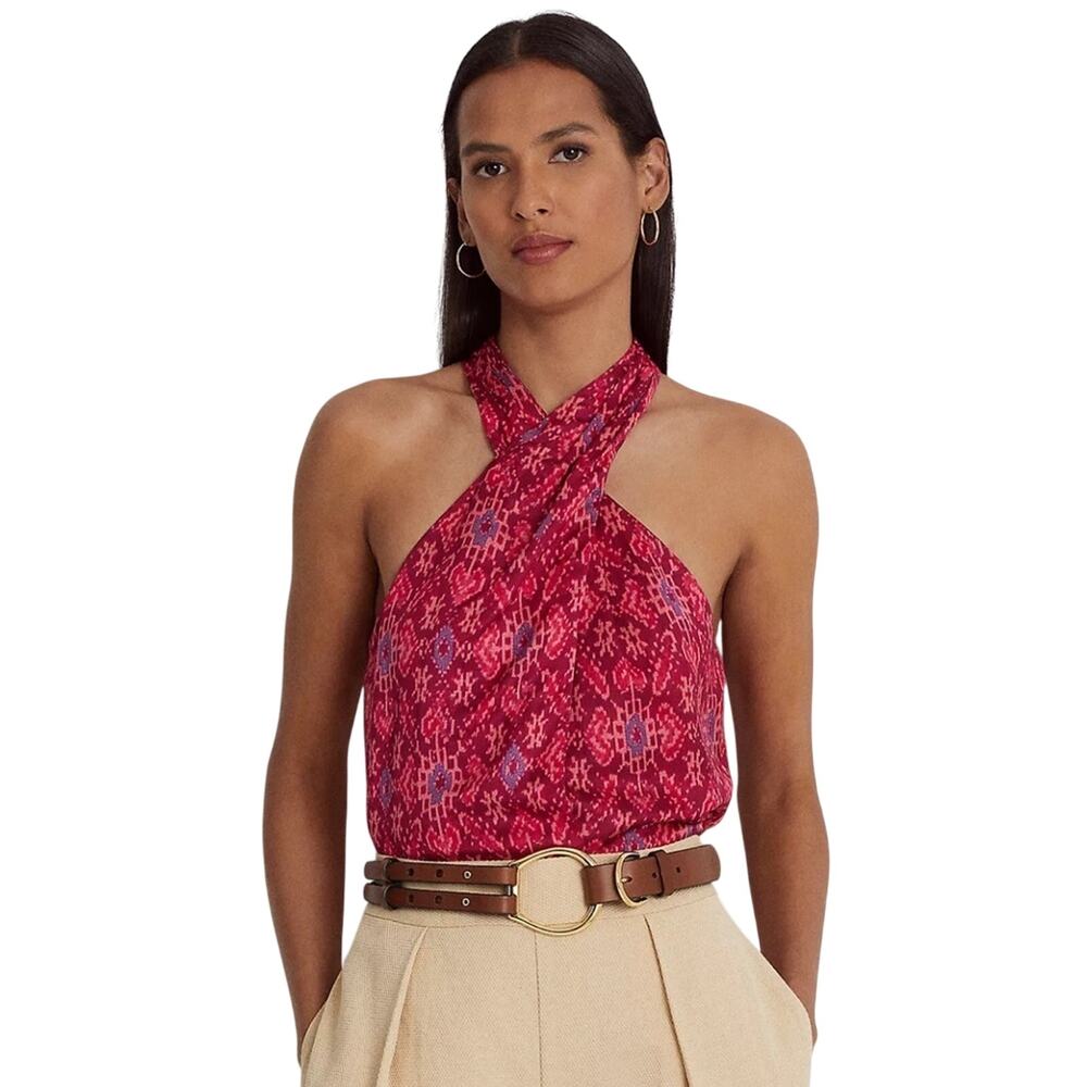 RALPH LAUREN Women's Geo-Print Shantung Halter Blouse Size M
